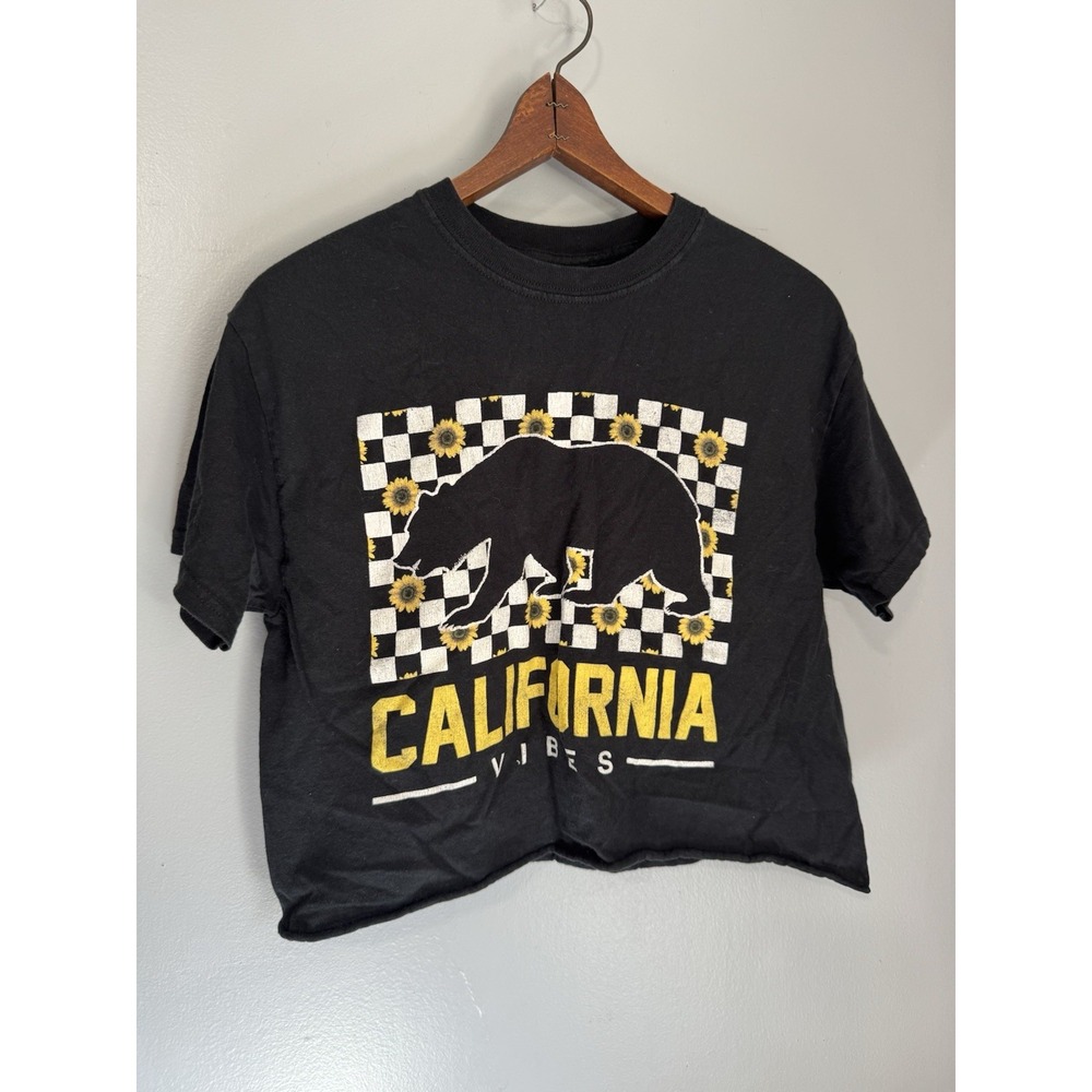 Women's Black California Checkered Bear Crop Top Medium 100% Cotton y2k